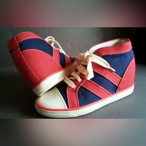ISABEL MARANT TWO TONE CANVAS LACE UP WEDGE SNEAKERS red blue high top 39